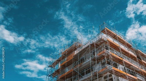 Fototapeta Large Construction Site with Scaffolding Under Blue Sky