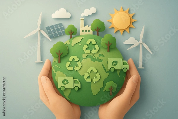 Obraz Green sustainable supply chain procurement concept with hands holding earth and eco friendly symbols for environment care