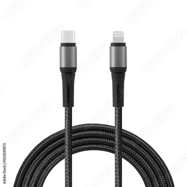 Fototapeta Black cable for charging and synchronization with Type – C and Lightning connectors on a white isolated background close-up