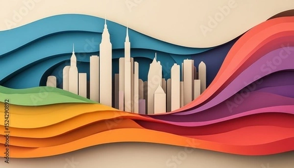 Obraz A horizontal illustration for Antwerp Pride, showing a soft, abstract outline of Antwerps skyline with a single flowing rainbow flag in front. 