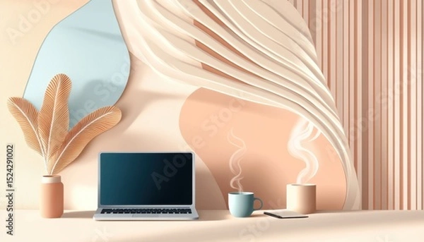 Fototapeta A horizontal illustration for Blogger Day, showing a laptop on a clean desk with a steaming cup beside it, and a simple notepad open. 