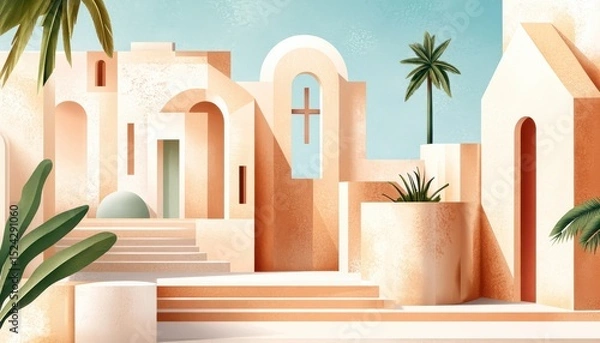 Obraz A horizontal illustration for Fiesta de San Salvador, showing a peaceful town square with subtle decorations and a central cross-shaped monument. 