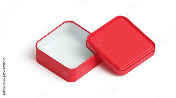 Fototapeta A sleek red metal storage box with a bright white interior, slightly open with its lid tilted, set against a minimalist white backdrop.