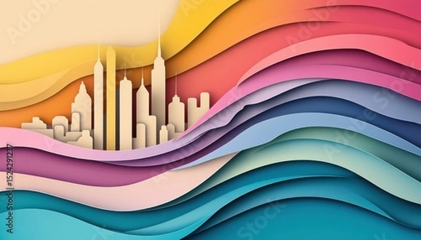 Obraz A horizontal illustration for Antwerp Pride, showing a soft, abstract outline of Antwerpâ€™s skyline with a single flowing rainbow flag in front. 