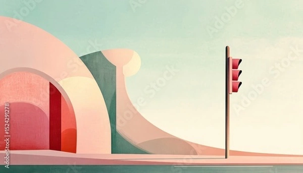 Obraz A horizontal illustration for Traffic Light Day, showing a single traffic light standing at an empty intersection under a soft morning sky. 