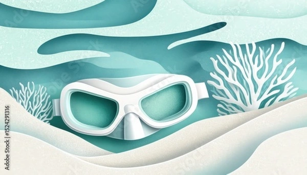 Obraz A horizontal illustration for Scuba Day, showing a single scuba mask and fins resting beside calm ocean water with abstract coral shapes in the background. 