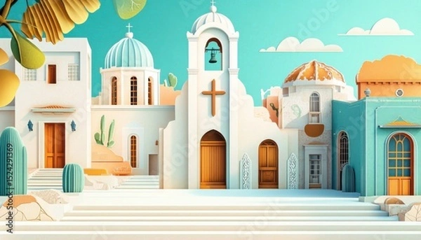 Obraz A horizontal illustration for Fiesta de San Salvador, showing a peaceful town square with subtle decorations and a central cross-shaped monument. 