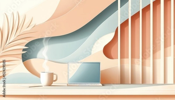 Obraz A horizontal illustration for Blogger Day, showing a laptop on a clean desk with a steaming cup beside it, and a simple notepad open. No people are present. 