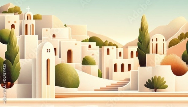 Obraz A horizontal illustration for Fiesta de San Salvador, showing a peaceful town square with subtle decorations and a central cross-shaped monument. 