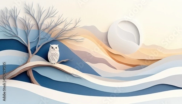 Obraz A horizontal illustration for Owl Awareness Day, showing a single owl perched calmly on a tree branch at dusk, with a soft moon glowing in the background. 