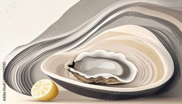 Obraz A horizontal illustration for Oyster Day, showing a single opened oyster on a ceramic plate with a lemon wedge beside it. 