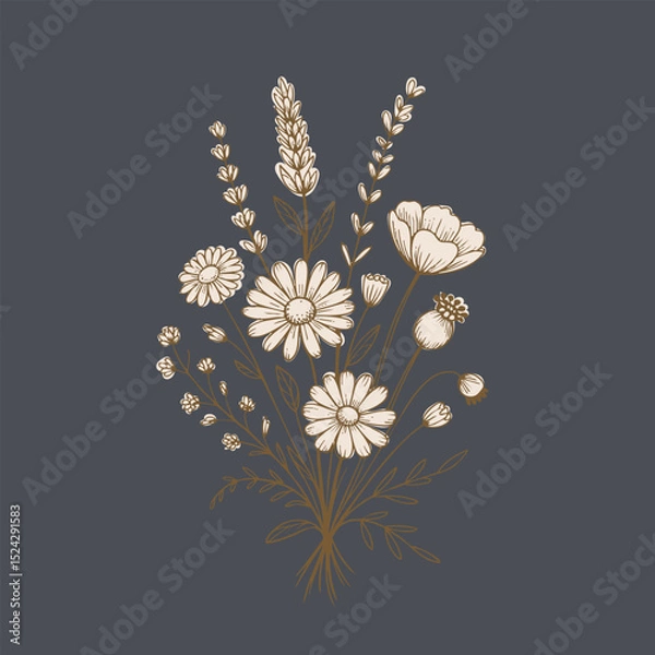 Fototapeta Beautiful floral arrangement featuring various flowers in delicate line art style, showcasing elegance and simplicity