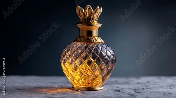 Obraz A golden perfume bottle against a dark, moody background, highlighting its luxurious design and timeless appeal.