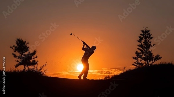 Obraz A golden sunset casts a warm glow on the silhouette of a golfer swinging through the air, with the suna??s rays piercing the horizon.
