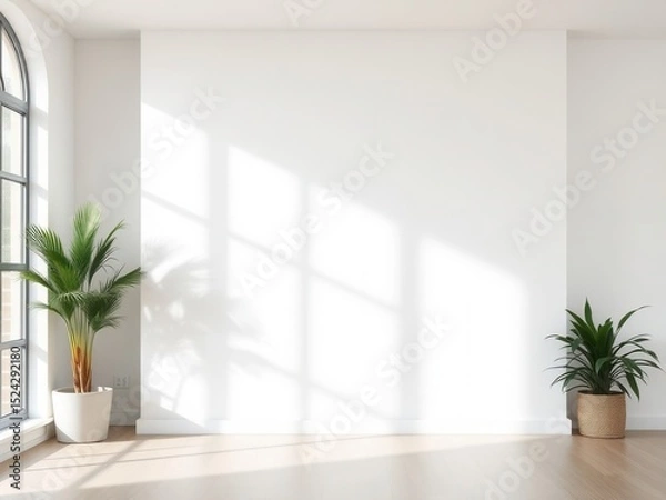 Fototapeta Bright interior mockup with a blank wall, large window, and two potted plants. Sunlight casts shadows on the wooden floor, creating a serene atmosphere.