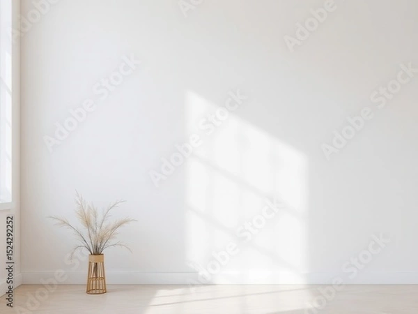 Fototapeta A minimalistic interior scene featuring a blank white wall and a small decorative plant in a woven vase. Natural light casts soft shadows on the floor.