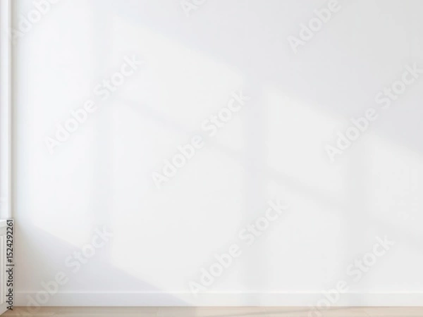 Fototapeta A clean, empty white wall in a bright interior space. Natural light casts soft shadows on the surface, creating a serene atmosphere.
