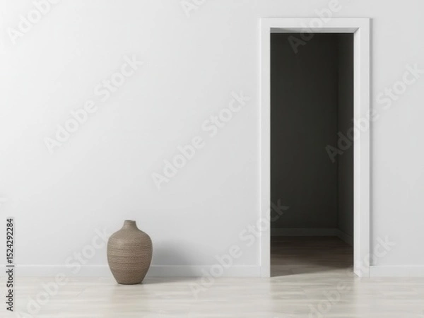 Fototapeta A minimalist interior scene featuring a plain white wall and an open doorway leading to a dark room. A simple brown vase stands on the light wooden floor.
