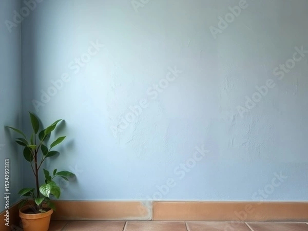 Fototapeta A light blue wall in an interior space with a small potted plant on the floor. The wall is smooth and unadorned, creating a minimalist atmosphere.
