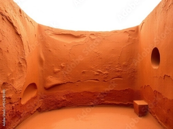 Fototapeta Interior mockup of a room with textured orange walls. The space features rounded corners and circular openings, creating a unique architectural design.