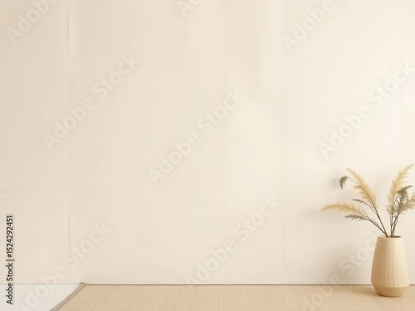 Fototapeta A minimalist interior scene featuring a light beige wall and a simple vase with dried plants. The floor is covered with a natural fiber rug.