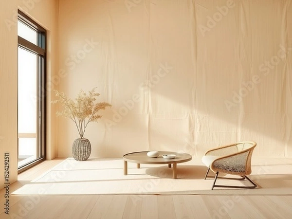Fototapeta A minimalist interior scene featuring a light-colored wall, a round wooden coffee table, a rattan chair, and a decorative vase with dried plants. Natural light fills the space.