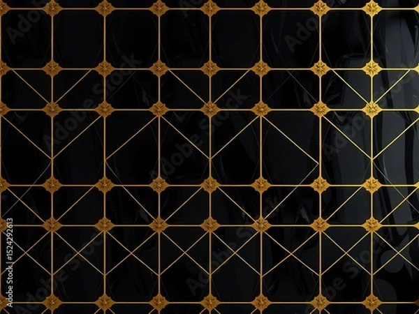 Fototapeta A black wall mockup with a geometric pattern of golden lines and shapes. The design features a grid layout, creating a modern and elegant interior aesthetic.