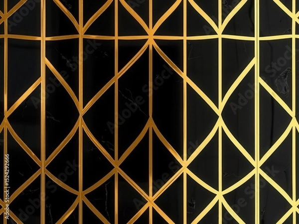 Fototapeta A black wall with a geometric gold pattern. The design features interlocking shapes creating a modern and elegant look, suitable for interior decor.