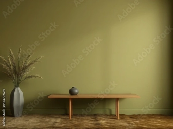 Fototapeta A minimalist interior scene featuring a green wall, a wooden table, and a decorative vase with plants. Soft lighting enhances the calm atmosphere.