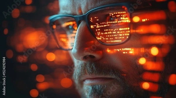 Fototapeta Man viewing code reflection in glasses with bokeh background