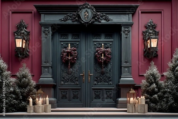 Obraz A high-fidelity 8K image of grand double doors adorned with Christmas lanterns and obsidian engravings, set against a rich burgundy backdrop, epitomizing festive luxury.