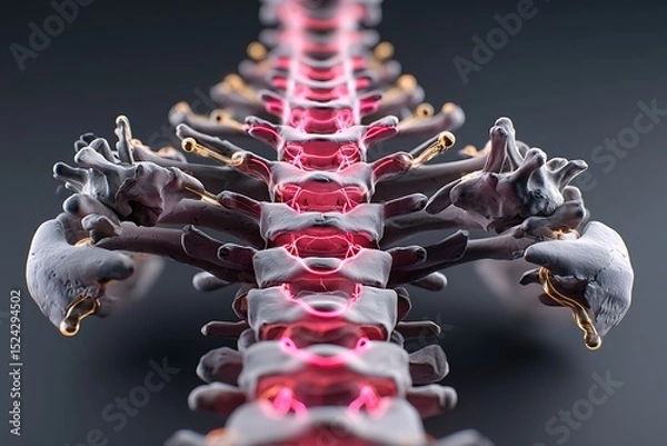 Obraz A highly detailed digital illustration of the human spine with highlighted vertebrae, symbolizing the focus on spine care and health.