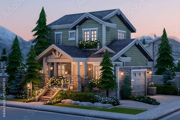 Obraz A hyper-realistic suburban home with sage green exteriors, geometric landscaping, and ambient lighting, creating a peaceful and serene environment.