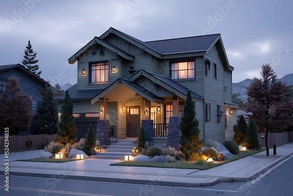Obraz A hyper-realistic suburban home with sage green exteriors, geometric landscaping, and ambient lighting, creating a peaceful and serene environment.