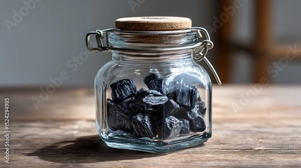 Obraz A jar of dark licorice candies sits on a wooden table, the contrast of the deep black candies against the earthy background making them pop.