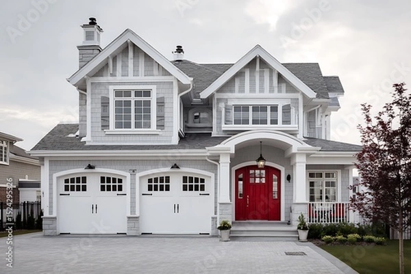 Obraz A large, beautiful American home with a vibrant red door and two pristine white garage doors, reflecting both elegance and functional design.