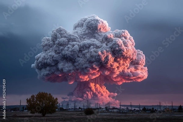 Obraz A large mushroom cloud rises dramatically into the sky, the explosion lighting up the horizon with an eerie yet powerful glow.