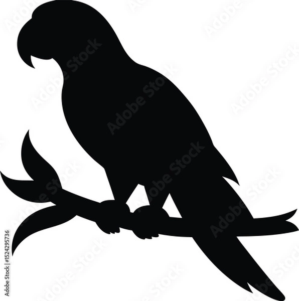 Obraz "Black Parrot Silhouette Icon on Branch - Tribal Style Vector Illustration"