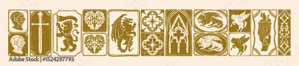 Fototapeta Gothic medieval heraldic print, vector hand drawn linocut fantasy royal ornamental illustration. Magic fairy tale frame vintage knight symbol, European folklore beast dragon silhouette. Medieval print