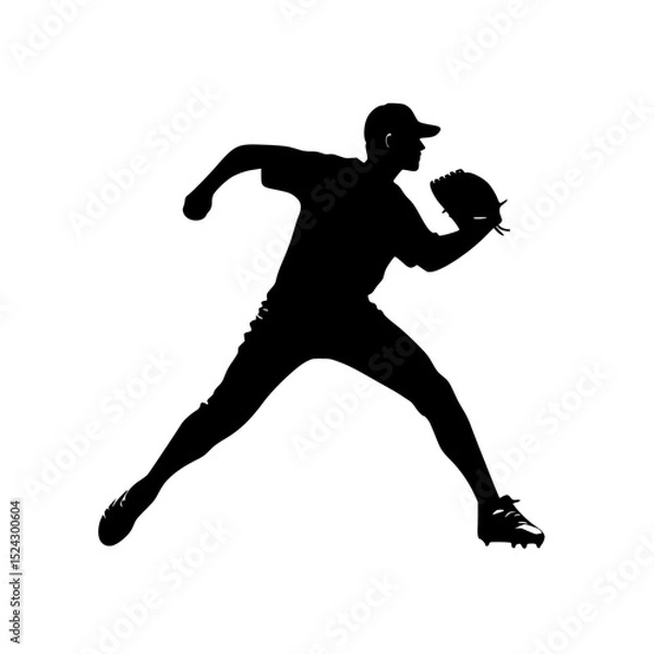 Fototapeta a black and white silhouette of a baseball player throwing a ball ball, baseball, baseball pitcher, baseball player, black, man, pitcher, silhouette, throw , Generative art.