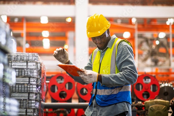 Obraz African workers working happy aftter working of maintenance machine in heavy industrial factory