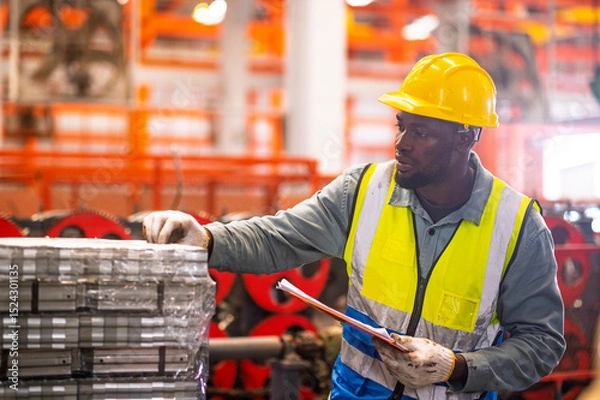 Obraz African workers working happy aftter working of maintenance machine in heavy industrial factory