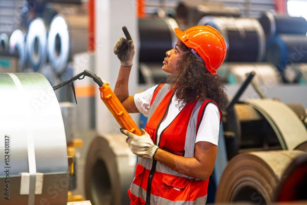Obraz African workers working happy aftter working of maintenance machine in heavy industrial factory