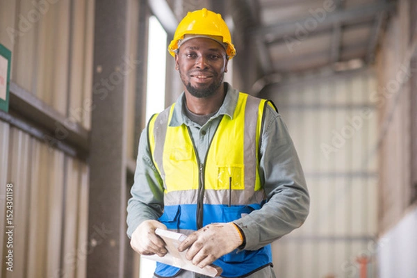 Obraz African workers working happy aftter working of maintenance machine in heavy industrial factory