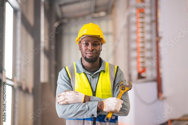 Obraz African workers working happy aftter working of maintenance machine in heavy industrial factory