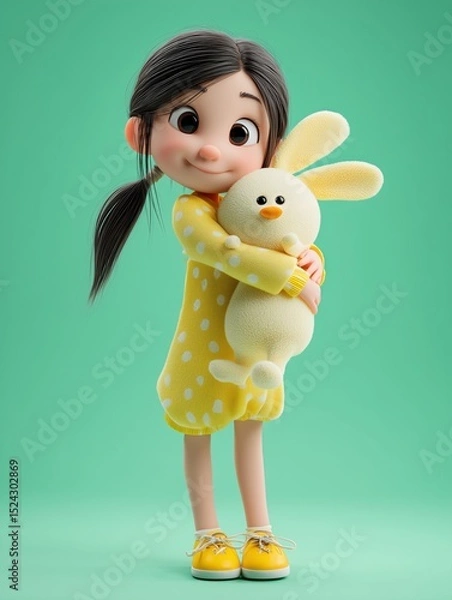 Fototapeta Adorable 3d cartoon girl hugging plush bunny in yellow dress on green background. Concept of toy branding, character design, and emotional connection for children