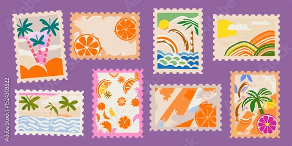 Fototapeta Collection of Colorful Summer Themed Postage Stamps with Tropical and Citrus Designs