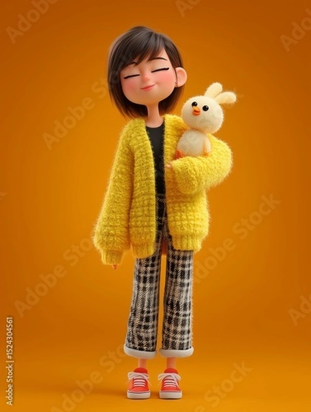 Fototapeta Stylish 3d cartoon girl in plaid pants and yellow cardigan holding plush bunny on orange background. Concept of modern toy branding, fashion-forward character design, and playful identity