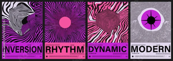 Obraz Set of four futuristic posters featuring wavy op-art patterns in black, white, pink, and purple. The modernism style merges op-art and bold color trends, popular in digital and graphic design today.