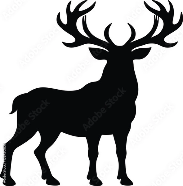 Obraz "Majestic Deer Silhouette Icon - Black Vector Illustration of Standing Stag with Antlers"